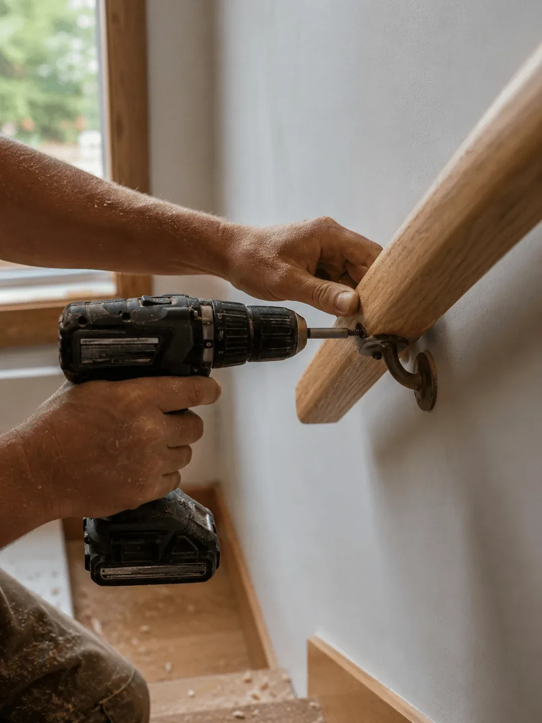 Carpenter mounting a wood handrail on an interior wall in a Comox Valley home